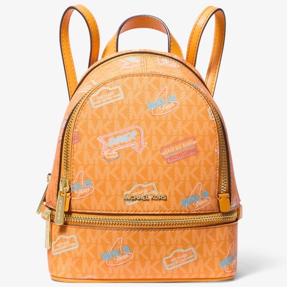 Michael Kors Rhea Extra-Small Printed Signature Logo Backpack Pop Orange - Picture 2 of 9
